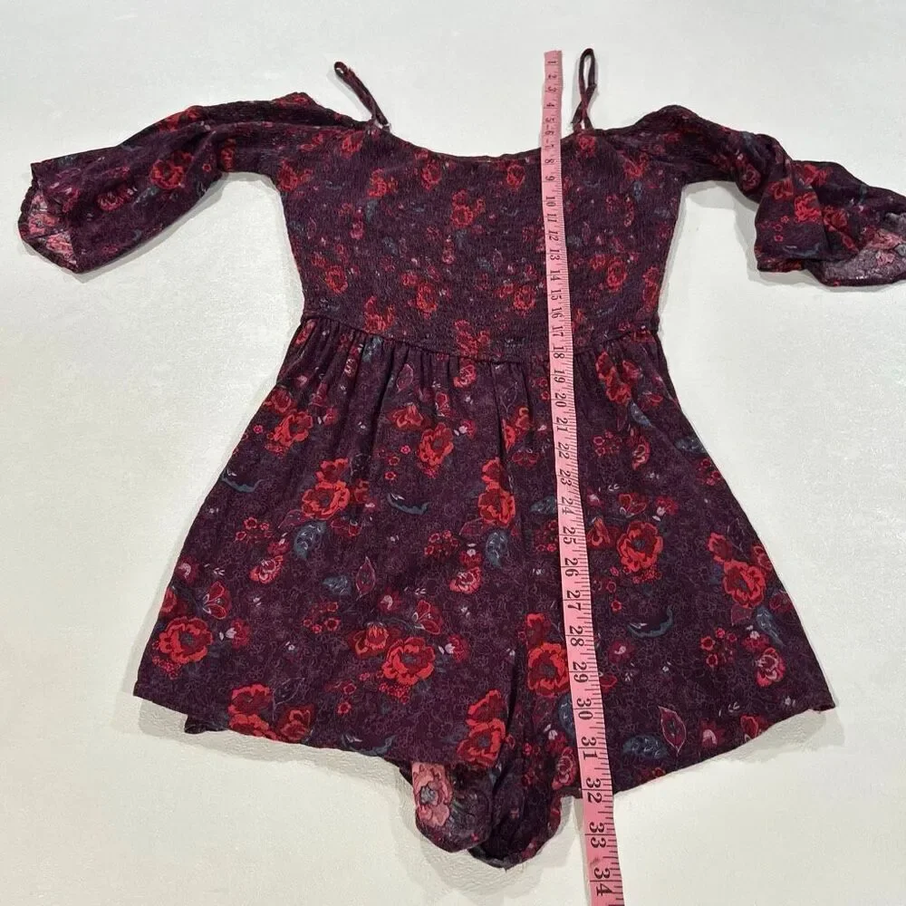 Hollister Floral Off Shoulder Romper Plum Burgundy Puff Sleeve Size L